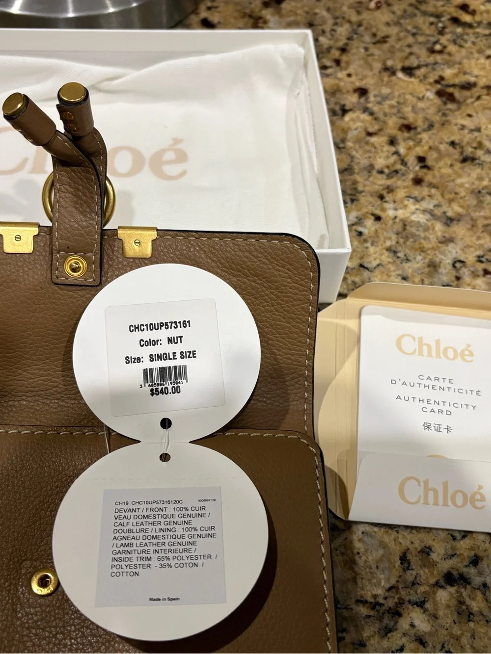 Chloé Tan Leather Foldover Wallet with Gold Accent